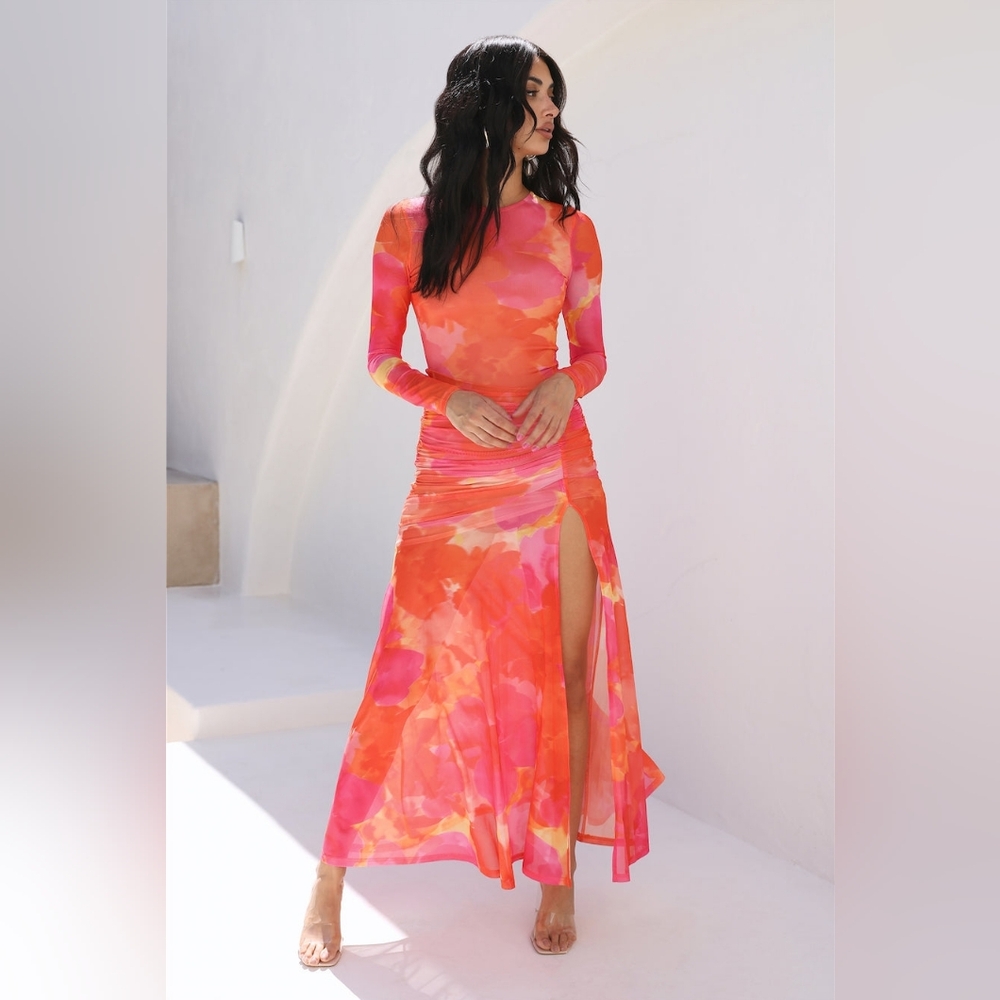 Yllw The Label Pink Orange Floral Long Sleeve Ruched High Slit Olivia Maxi Dress